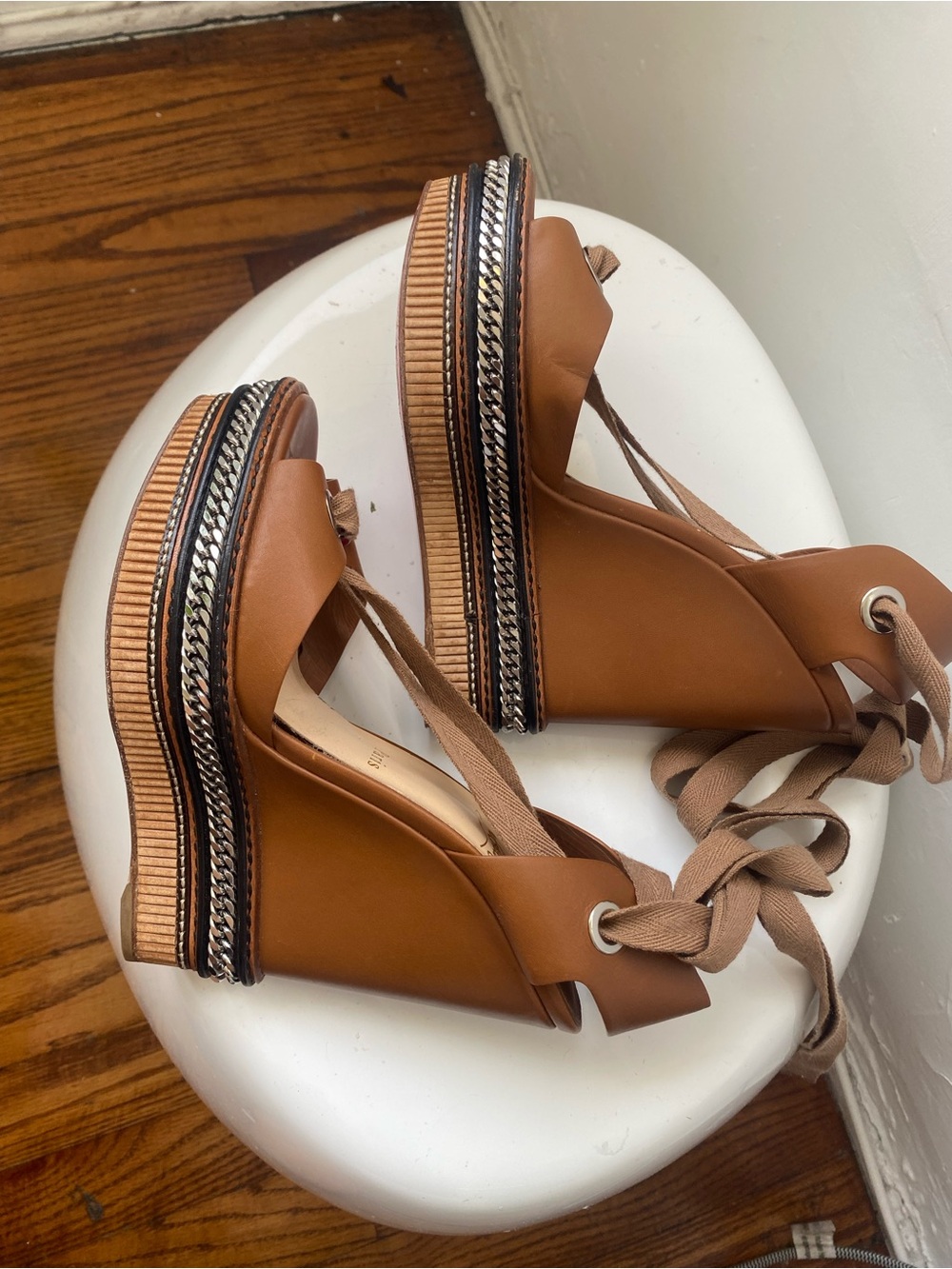 Christian Louboutin Brown Leather Platform Sandals with Chain Trim - Picture 4 of 7